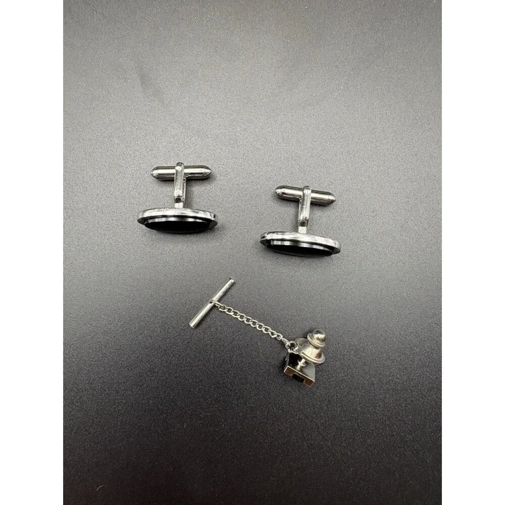 Vintage Black Onyx Cufflinks Tie Tack Chain Set Silver Tone Oval Formal Mens